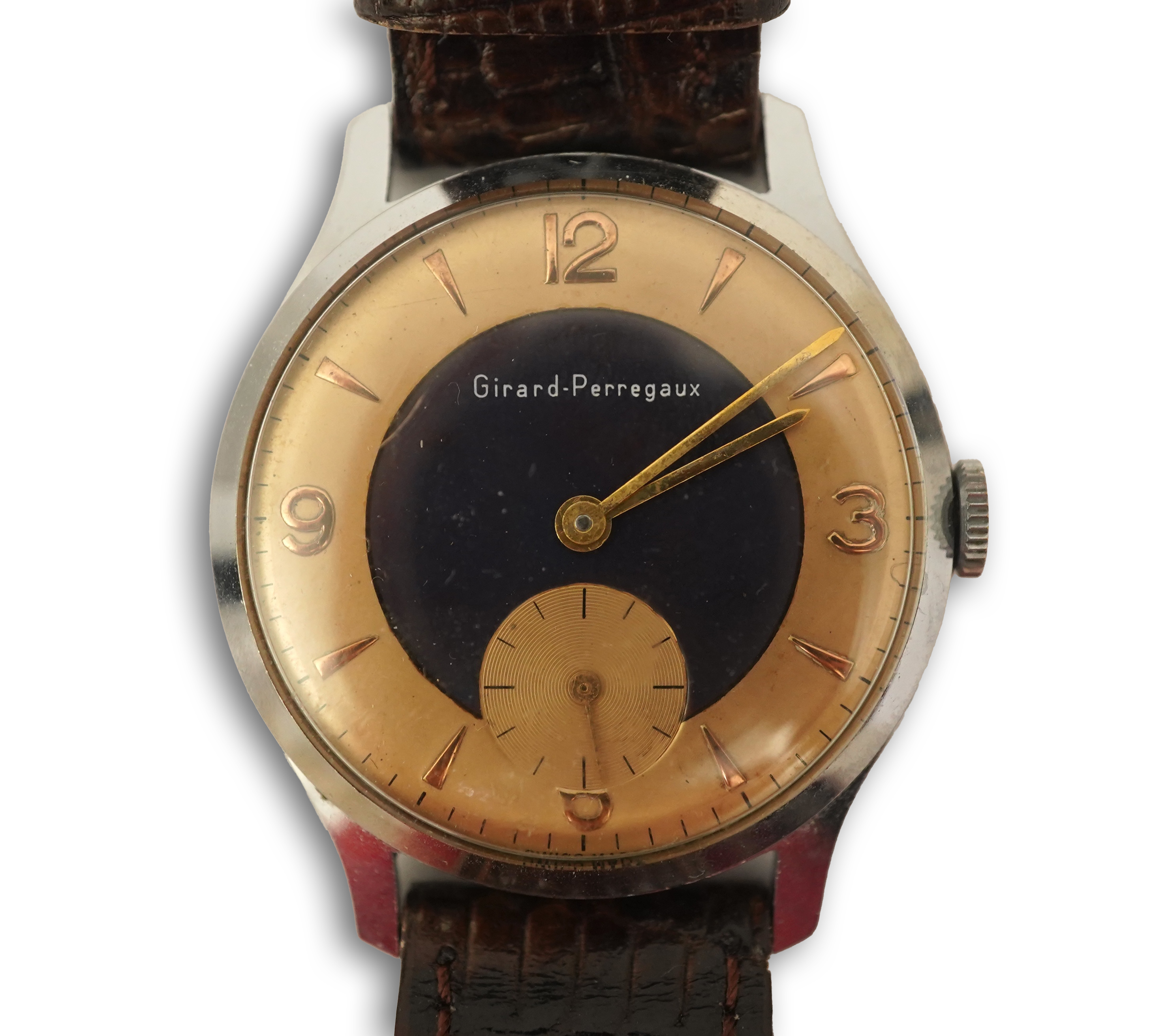 A gentleman's stylish 1960's stainless steel Girard Perregaux yellow and blue dial manual wind wrist watch